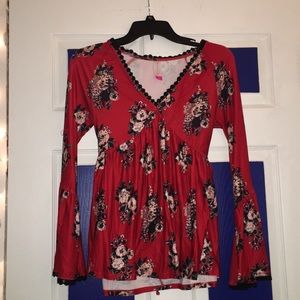 V neck Red and black dress shirt.